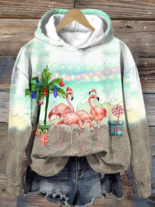 Comstylish Women's Christmas Flamingo Palm Tree Print Hoodie