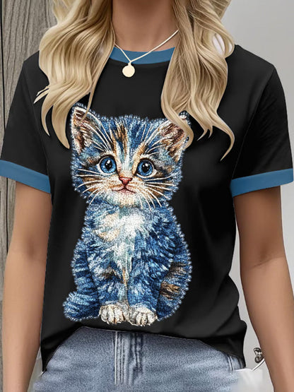Women's Retro Funny Denim Patch Animal Cat Print Crew Neck T-shirt elevenforest