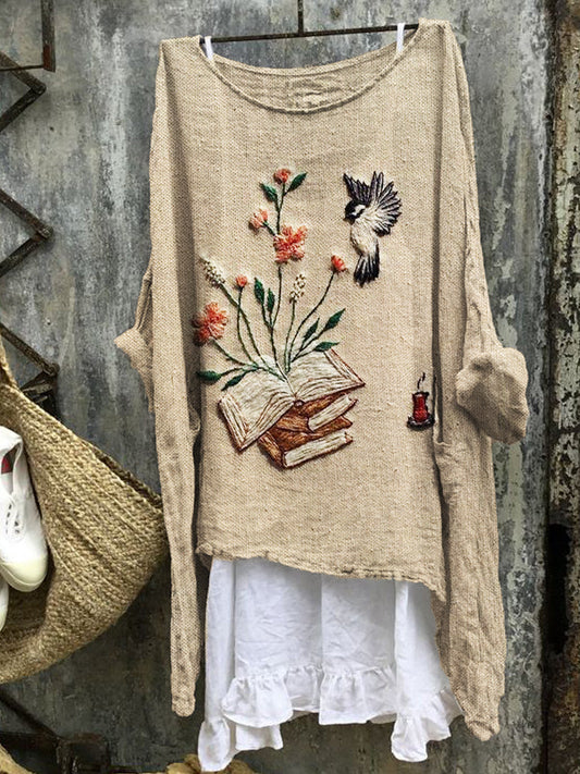 Comstylish Vintage Bird & Books Floral Embroidered Linen Tunic