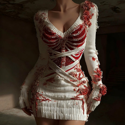 Women's Skull Floral Sequined Pattern Knit V-neck Dress artswardrobe