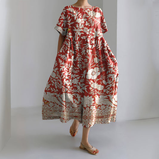 Comstylish Japanese Flower And Bird Art Print Crew Neck Linen Blend Midi Dress