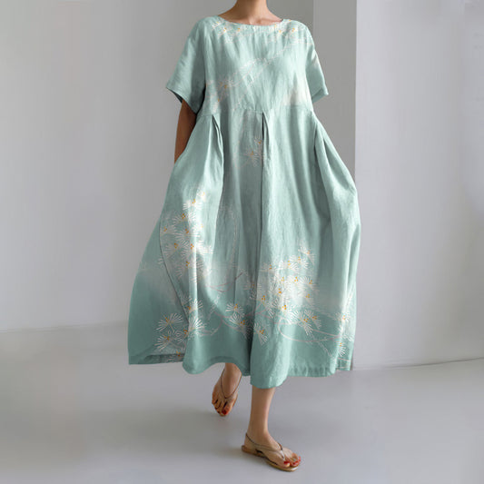 Comstylish Japanese Art Flower Print Casual Midi Dress