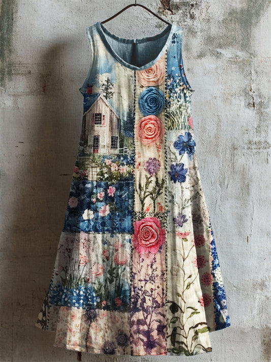 Cottage Floral Patchwork Fiber Art Linen Tank Dress artswardrobe