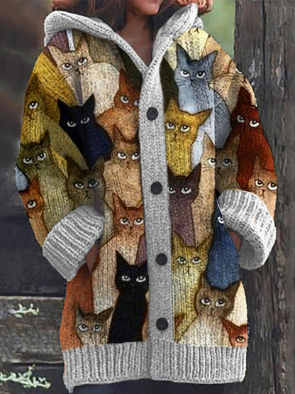 Comstylish Colorful Cats Pattern Cozy Hooded Cardigan