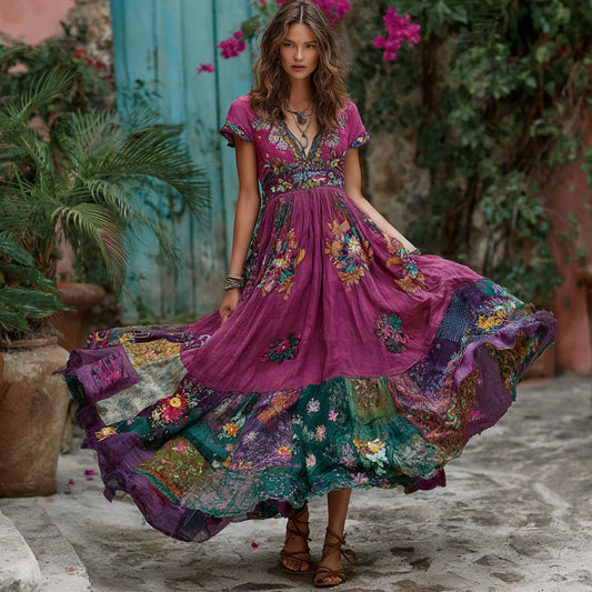 Women's Retro Flower Embroidery Patchwork Art V-neck Short Sleeve Maxi Dress artswardrobe