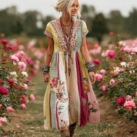 Women's Vintage Rose Floral Art Patchwork Comfy Maxi Dress artswardrobe