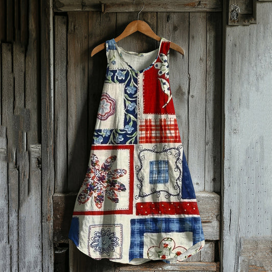 Vintage Independence Day American Geometry Floral Linen Tank Dress artswardrobe