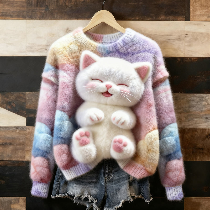 Cute Colorful Plush Cat Artistic Warm Wool Pullover elevenforest