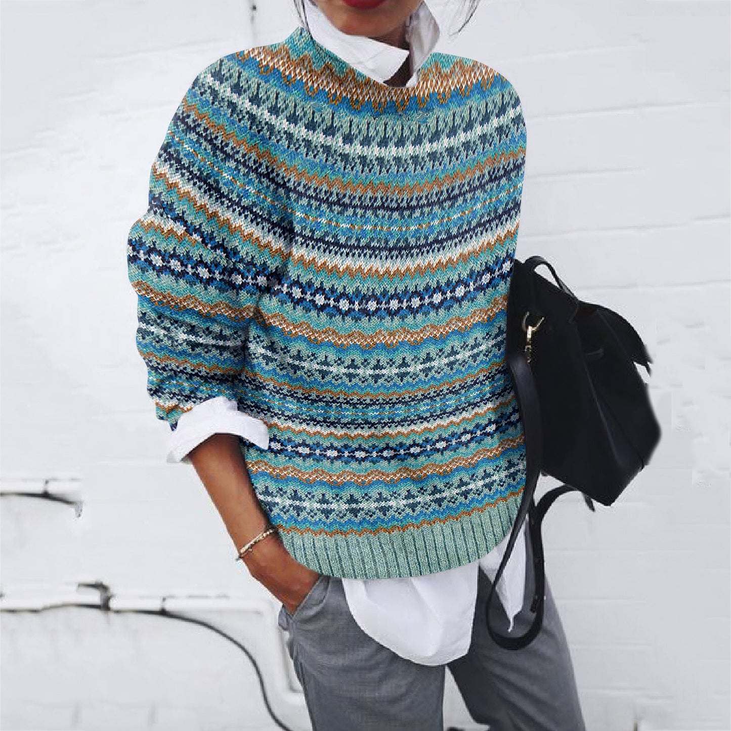 Vintage Geometric Jacquard Pattern Crew Neck Sweater elevenforest