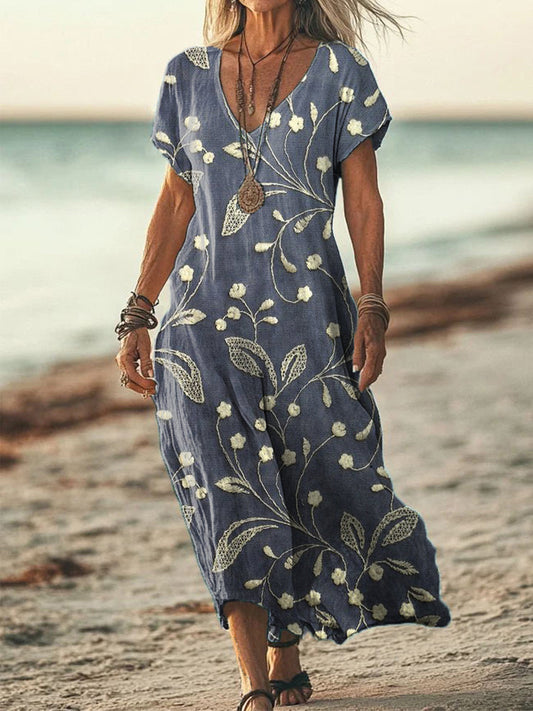 Women's Floral Embroidery Pattern Linen Blend Dress artswardrobe