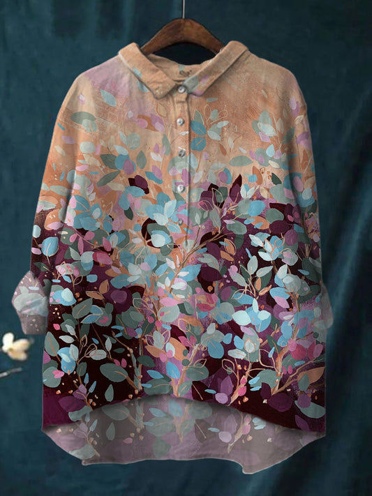 Colorful Leaf Print Casual Cotton And Linen Shirt