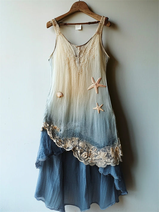 Starfish & Sea Shell Embroidered Sea Waves Gradient Lace Flowy Linen Dress artswardrobe