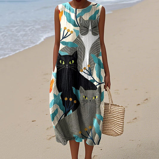Women's Floral And Cat Art Print Dress elevenforest