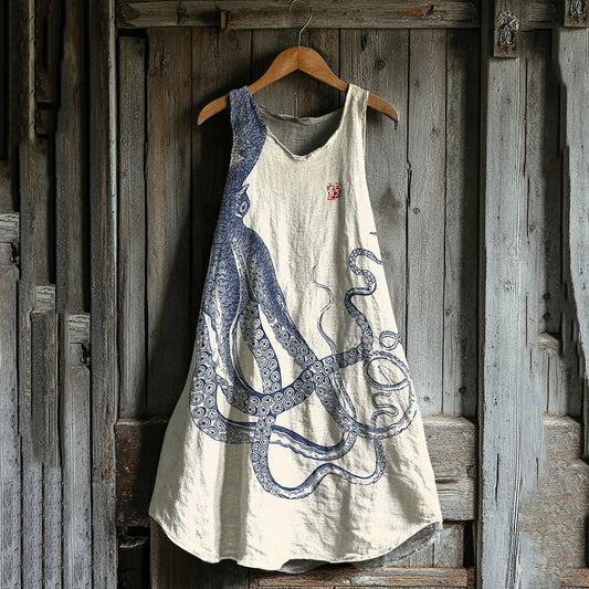 Comstylish Japanese Octopus Art Linen Tank Dress