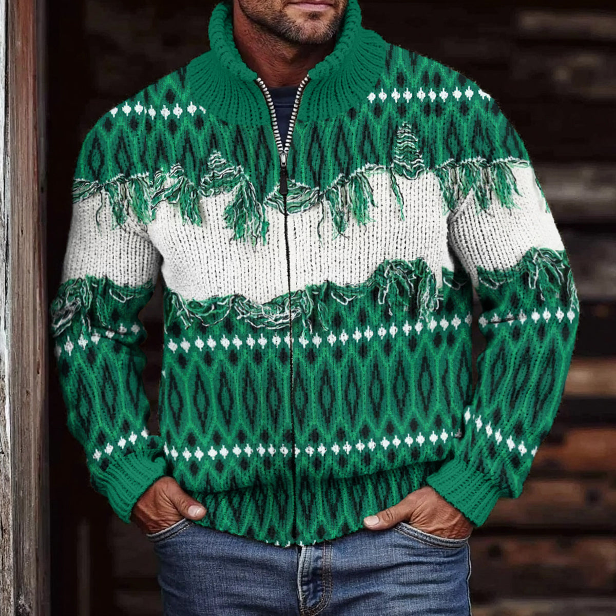 Men'S Vintage Geometry Knitted Jacquard Zipper Cozy Sweater Cardigan elevenforest
