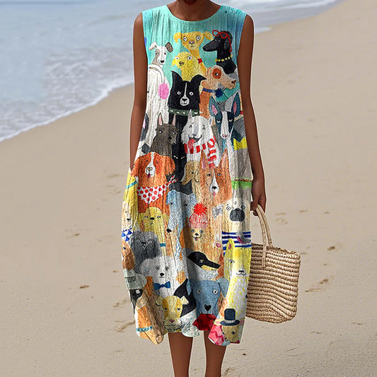 Women's Dog Art Print Tank Midi Dress artswardrobe