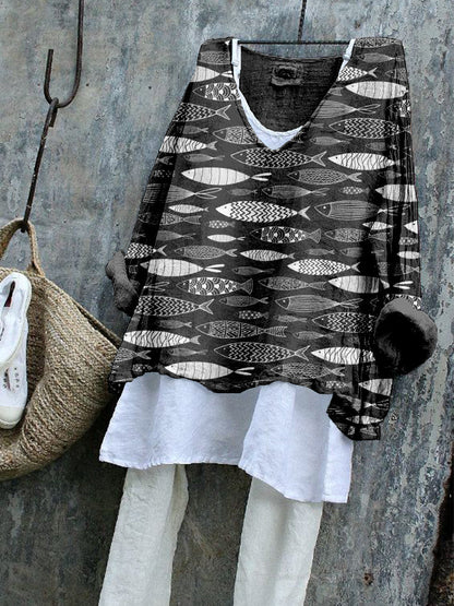 Comstylish Vintage Fish Art Pattern Linen Blend Flowy Tunic