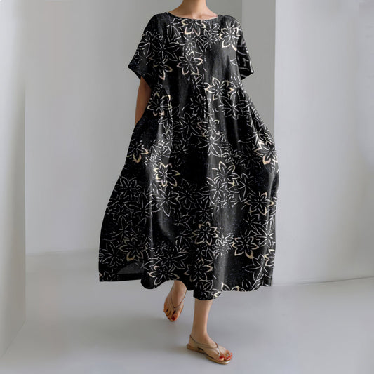 Comstylish Vintage Japanese Traditional Sashiko Floral Art Printed Crew Neck Casual Midi Dress
