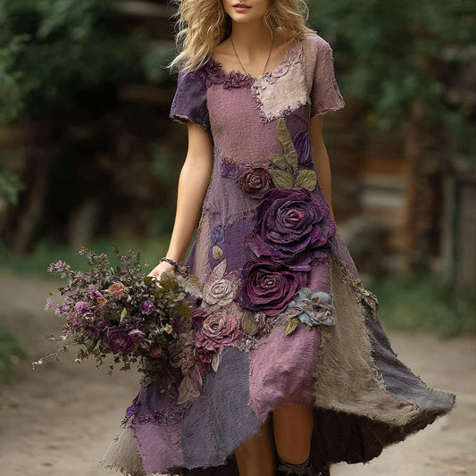 Classy Purple Patchwork And Floral Embroidered Linen Maxi Dress artswardrobe