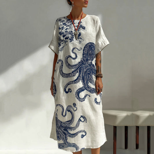 Comstylish Women's Japanese Art Ocean Octopus Floral Linen Blend Midi Dress