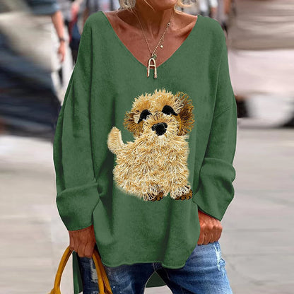 Comstylish Cute Dog Print V-Neck Loose T-Shirt