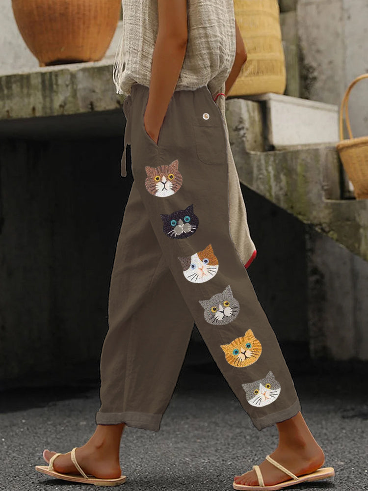 Comstylish Cute Cats Animal Embroidery Pattern Linen Pants