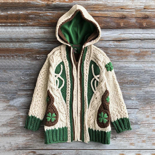 Women's Vintage Knit Four Leaf Clover Jacquard Hoodie Cardigan elevenforest