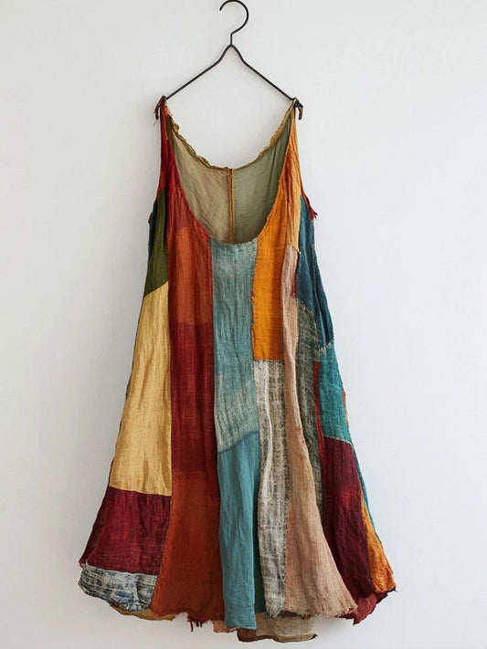 Vintage Patchwork Linen Blend Midi Dress artswardrobe