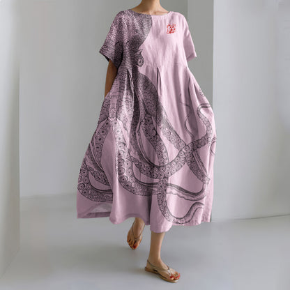 Comstylish Japanese Art Octopus And Crab Print Casual Art Linen Blend Maxi Dress