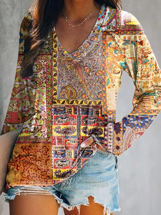 Women's Casual Vintage Bohemian Floral Art Print V Neck Long Sleeve To