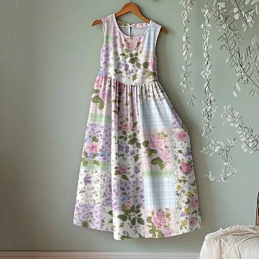 Vintage Flower Patchwork Print Round Neck Tank Midi Dress artswardrobe