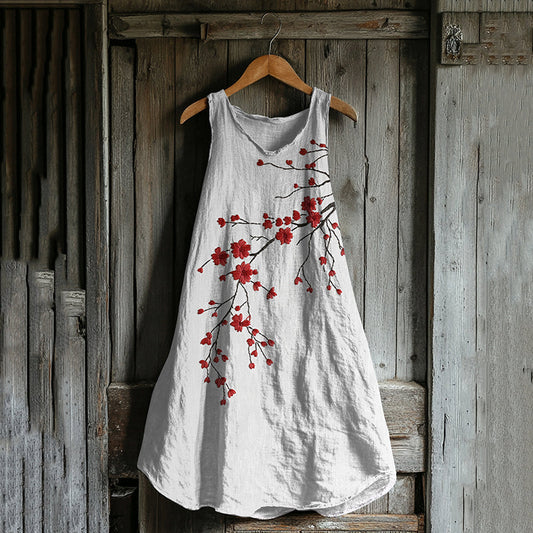 Vintage Cherry Blossom Art Linen Tank Dress artswardrobe