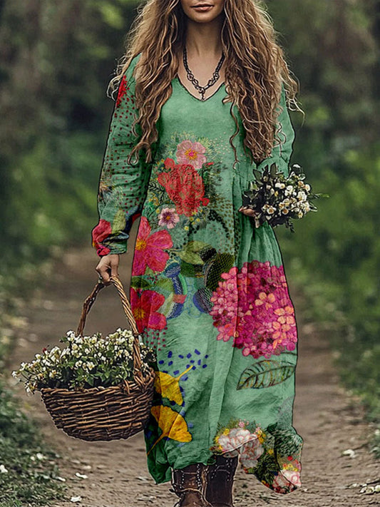 Vintage Flowers Embroidered Linen Blend Maxi Dress artswardrobe