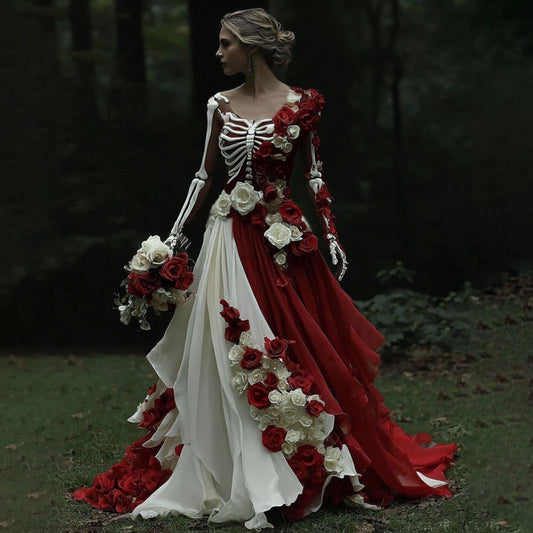 Comstylish Vintage Halloween Skeleton Red Roses Art Crew Neck Maxi Dress