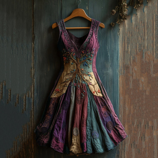 Women's Viking Celtic Knot Art Tree Of Life Patchwork Linen Midi Dress artswardrobe