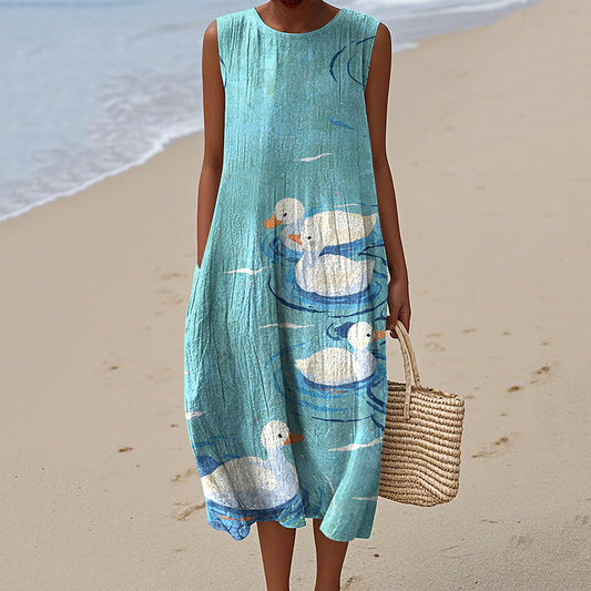 Vintage Loose Vintage Cute Duck Art Linen Tank Dress artswardrobe