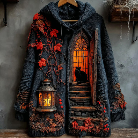 Comstylish Women's Halloween Little House Cat Art Knitted Button Sweater Cardigan