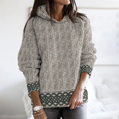 Women'S Celtic Knotted Creative Patchwork Hooded Aran Sweater artswardrobe