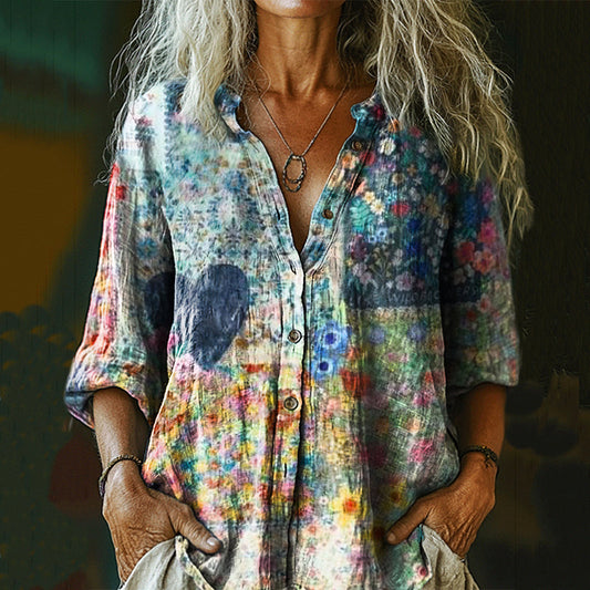 Comstylish Women's Retro Mushroom Print Casual Cotton And Linen Shirt