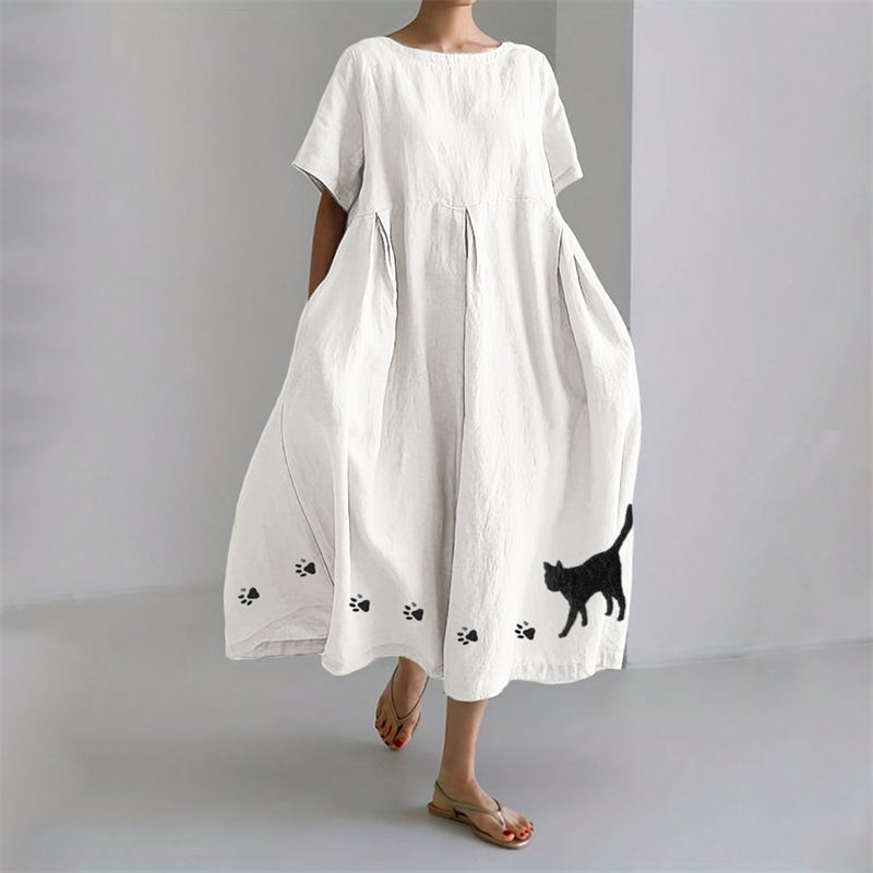 Black Cat & Paw Prints Embroidered Linen Blend Maxi Dress elevenforest