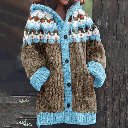 Retro Contrast Color Geometric Jacquard Icelandic Cozy Hooded Knitted Cardigan elevenforest