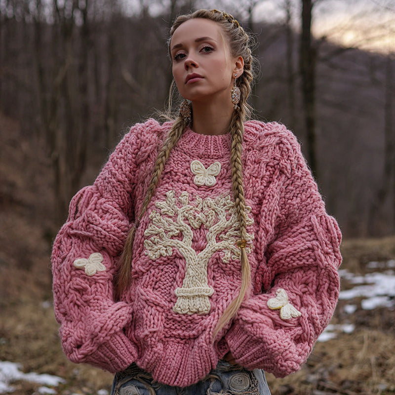 Women's Vintage Viking Tree Of Life Knitted Jacquard Warm Crew Neck Sweater elevenforest