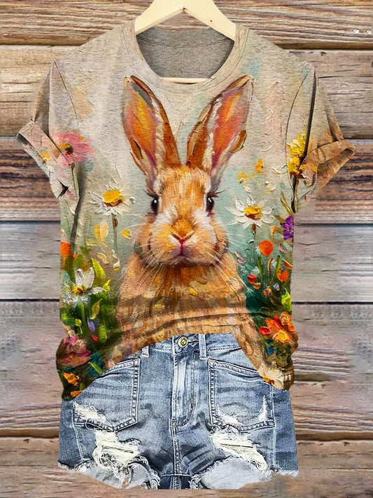 Women's Easter Vintage Oil Painting Bunny Print Crew Neck T-shirt