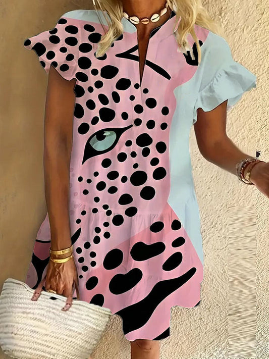Pink cheetah ruffle short-sleeved V-neck button dress holiday beach dress