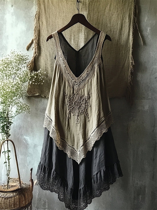 Vintage Boho Flower Lace Hem Linen Tank Dress artswardrobe