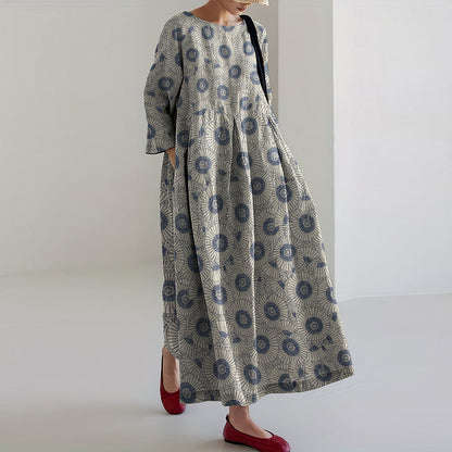 Comstylish Vintage Japanese Traditional Sashiko SevenBerry Art Cropped Print Casual Midi Dress