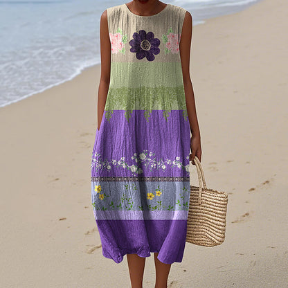 Women's Vintage Floral Art Pattern Print Sleeveless Cotton Wrap Dress artswardrobe