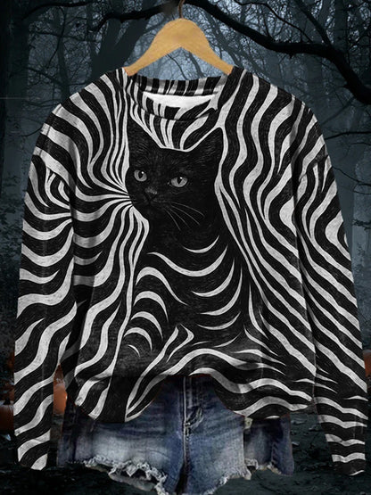 Women's Halloween Black Cat Stripes Print Casual Sweatshirt artswardrobe
