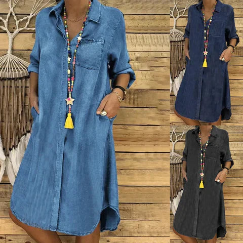 LM | Jeans midi dress with rolled-up sleeves and a breast pocket.