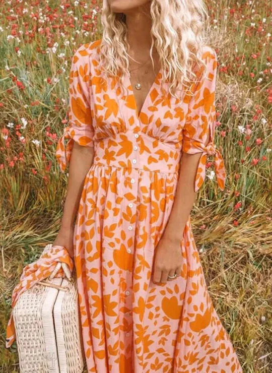LM | Maxi dress with floral V-neckline